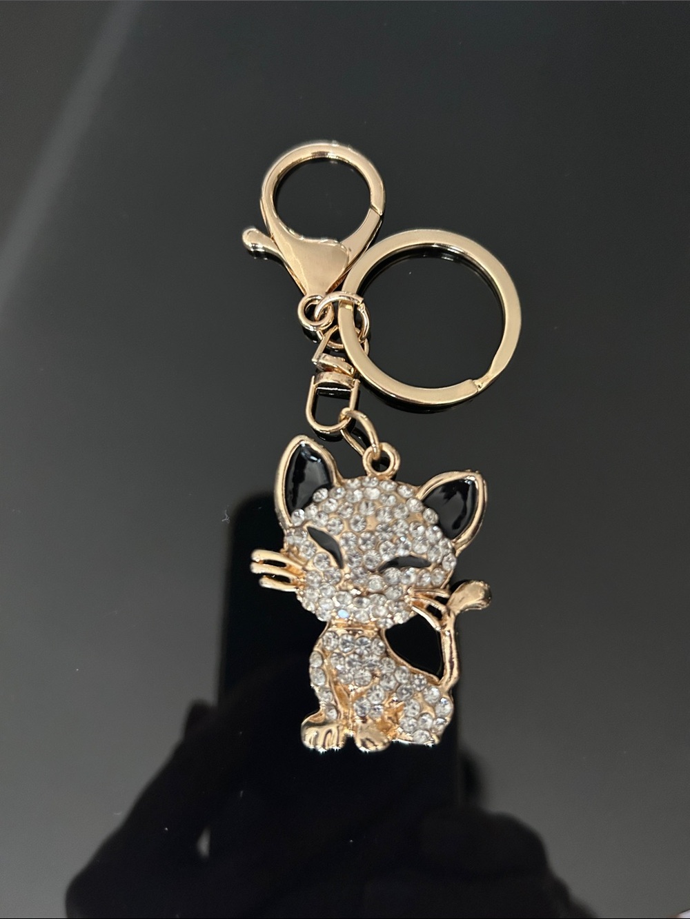 🐈‍⬛Gold and Black Crystal Cat Keychain Charm 🐈‍⬛